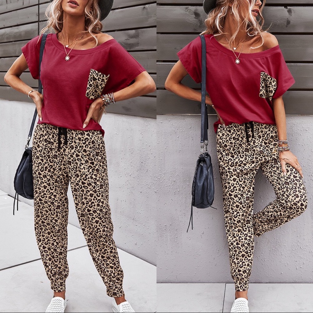 Leopard Print Shirt & Joggers Set Wine